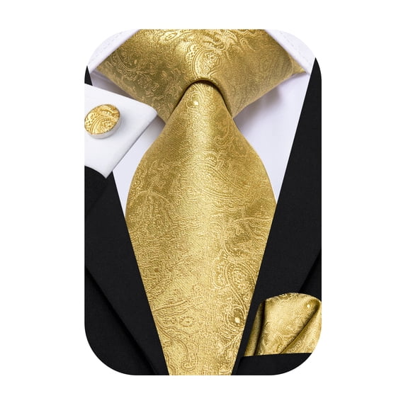 Hi-Tie Mens Gold Ties Silk Paisley Necktie and Pocket Square Cufflinks Set