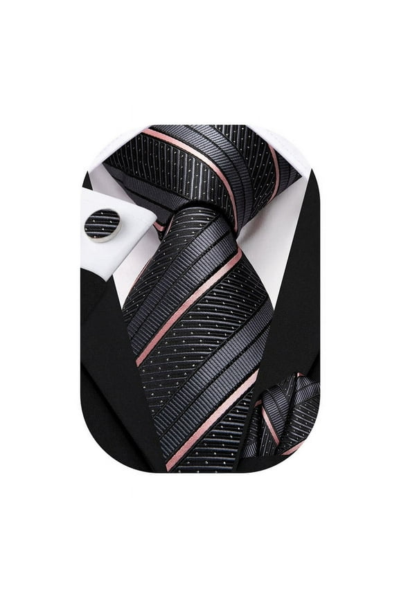 Mens Silk Tie Pocket Square Set Black Pink Stripe Necktie Cufflink Set for Wedding Business