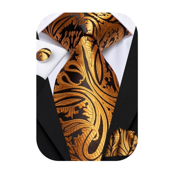 Hi-Tie Men's Gold and Brown Silk Paisley Tie Set with Pocket Square Cufflinks for Wedding Formal Business
