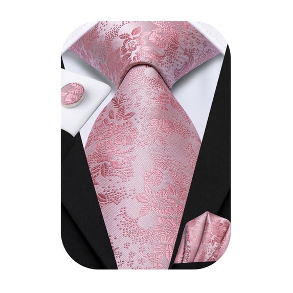 Hi-Tie Men's Pink Floral Silk Tie Set Pocket Square Cufflinks Set for Wedding Party Business