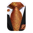 thumbnail image 1 of Hi-Tie Men's Burnt Orange Silk Paisley Tie Set with Pocket Square Cufflinks for Wedding Party, 1 of 3