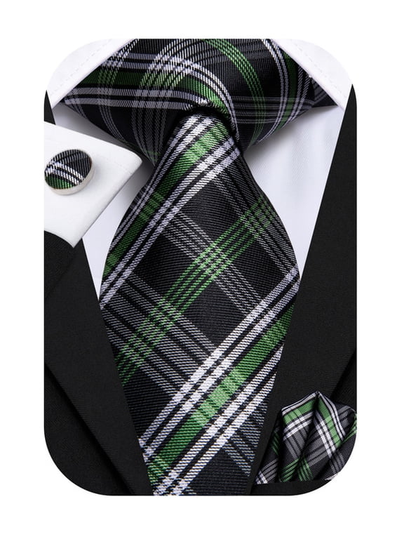 Men's Green and Black Plaid Silk Tie Pocket Square Cufflinks Set for Wedding Business Tuxedo