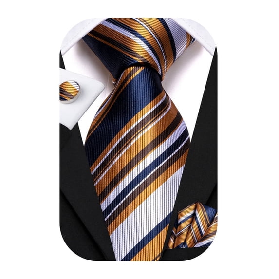 Hi-Tie Men's Navy Gold and White Striped Silk Tie Set Pocket Square Cufflinks for Wedding