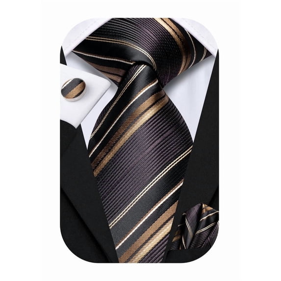 Hi-Tie Brown Striped Silk Ties for Men Pocket Square Cufflinks for Wedding Business