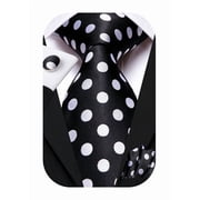 Hi-Tie Mens Black and White Silk Polka Dot Ties with Pocket Sqaure Cufflinks for Wedding Party