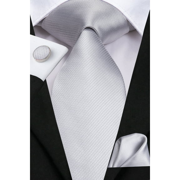 Hi-Tie Mens Silver Tie Set Woven Light Gray Silk Necktie Wedding Handkerchief Cufflinks