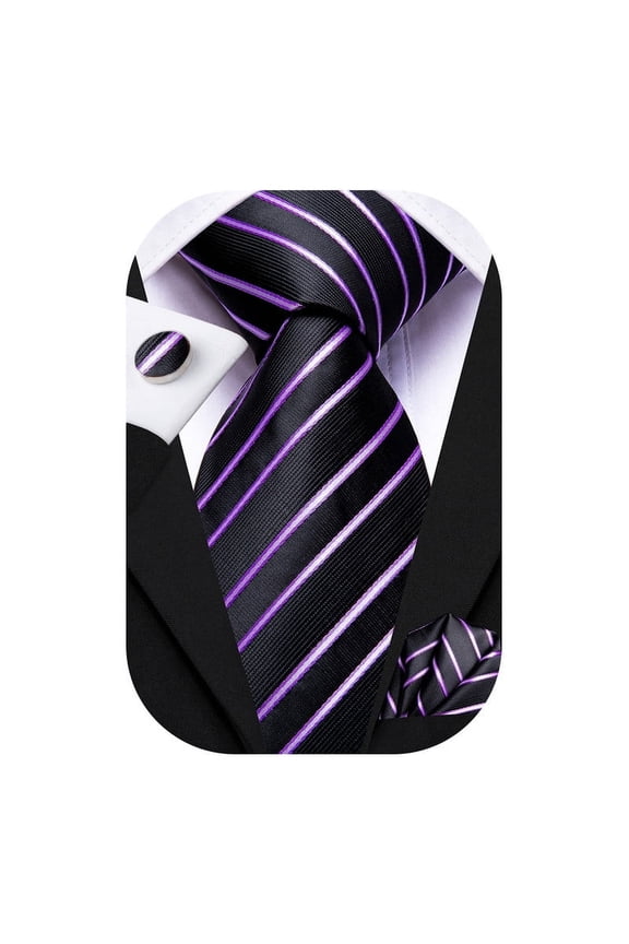 Mens Stripe Silk Tie Black Purple Business Necktie and Pocket Square Cufflinks Sets