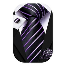 Hi-Tie Mens Stripe Silk Tie Black Purple Business Necktie and Pocket Square Cufflinks Sets