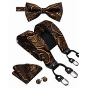 Hi-Tie Mens Gold and Black Paisley Suspender and Bow Tie Set Silk Pre-Tied Bowties Pocket Square for Wedding Party