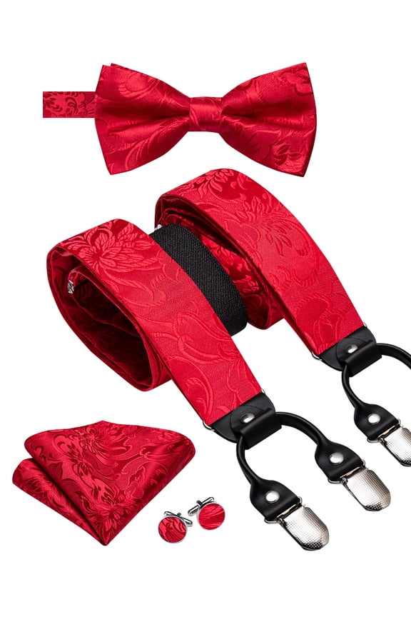 Men's Red Floral Silk Suspenders Bow Tie Set Pre-Tied with Pocket Square Cufflinks for Wedding Party