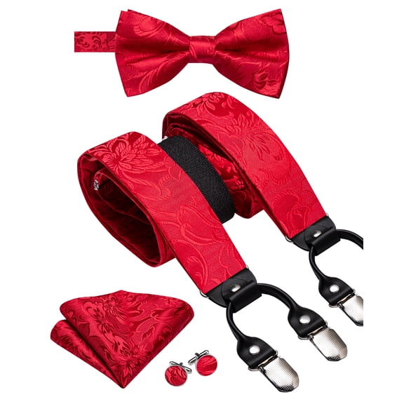 Hi-Tie Men's Red Floral Silk Suspenders Bow Tie Set Pre-Tied with Pocket Square Cufflinks for Wedding Party
