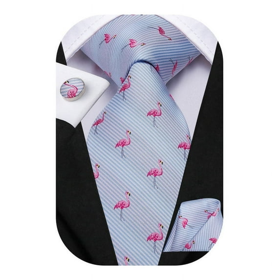 Hi-Tie Mens Tie Light Blue Flamingo Silk Ties Pocket Sqaure Cufflinks Necktie Wedding Gift for Men