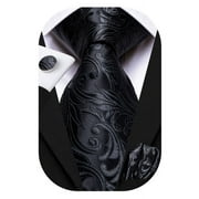 Hi-Tie Mens Tie Pocket Square Sets Black Jaquard Silk Necktie Cufflinks Sets for Formal Business