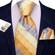Hi-Tie Yellow Plaid Neck Tie and Pocket Square Set for Tuxedo Mens Silk Checkered Formal Necktie Handkerchief Cufflink Set