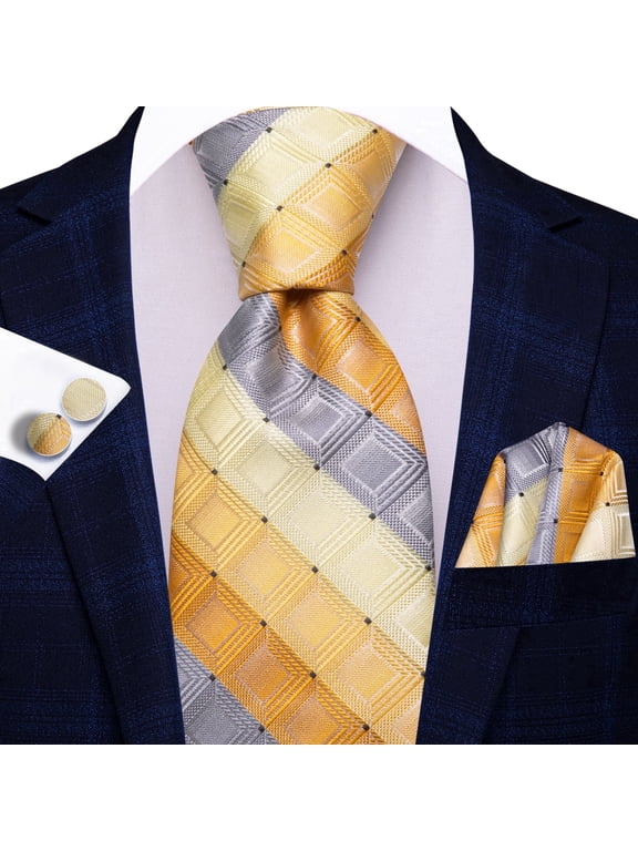 Yellow Plaid Neck Tie and Pocket Square Set for Tuxedo Mens Silk Checkered Formal Necktie Handkerchief Cufflink Set