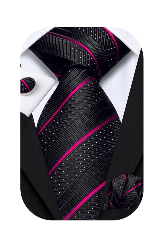 Black and Hot Pink Ties for Men Silk Formal Striped Neck Ties for Suit Classic Necktie Pocket Square Cufflinks Set Business Wedding