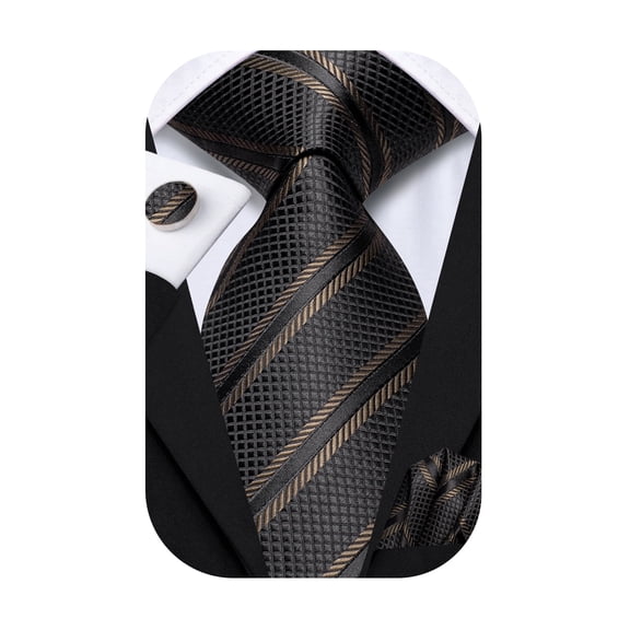 Hi-Tie Mens Black Bronze Silk Striped Ties Formal Woven Necktie Pocket Square Cufflinks for Wedding Business
