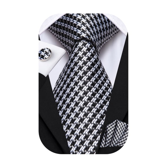 Hi-Tie Mens Black White Plaid Ties Classic Houndstooth Necktie with Handkerchief Cufflinks Set Business