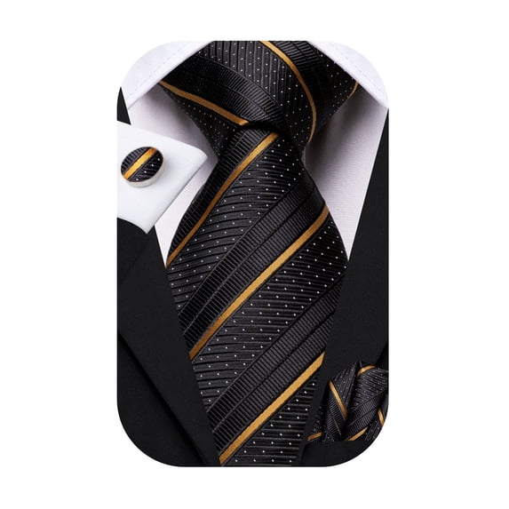 Hi-Tie Black Gold Stripe Ties for Men Jacquard Silk Necktie Handkerchief Cufflinks Set for Formal Business Party Prom