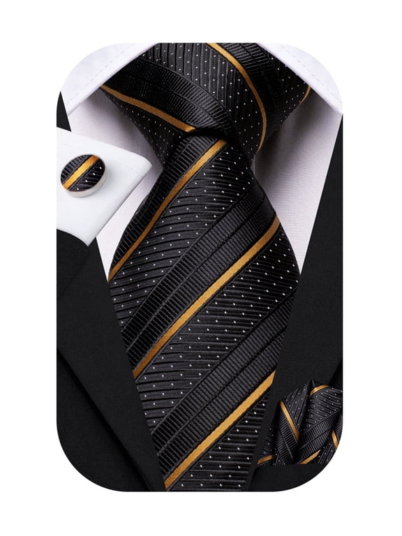 Black Gold Stripe Ties for Men Jacquard Silk Necktie Handkerchief Cufflinks Set for Formal Business Party Prom