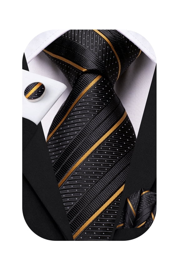 Black Gold Stripe Ties for Men Jacquard Silk Necktie Handkerchief Cufflinks Set for Formal Business Party Prom