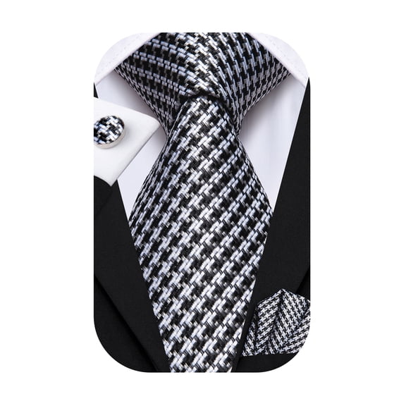 Hi-Tie Mens Black White Plaid Ties Classic Houndstooth Necktie with Handkerchief Cufflinks Set Business