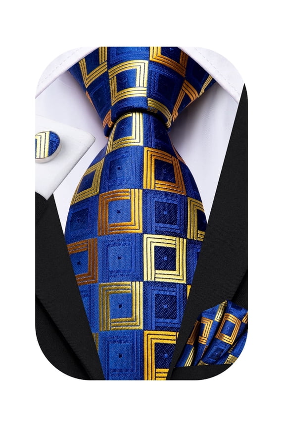 Mens Blue Gold Plaid Ties Classic Silk Checkered Necktie with Handkerchief Cufflinks Set for Formal Business Wedding