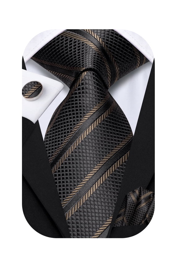 Mens Brown Black Neck Ties Sets Silk Formal Striped Necktie Pocket Square Cuff-links Sets Wedding Business Holiday