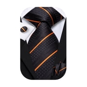 Hi-Tie Mens Black Orange Ties Sets Silk Stripe Formal Necktie Pocket Square Cufflinks 3Pcs Set for Business Wedding
