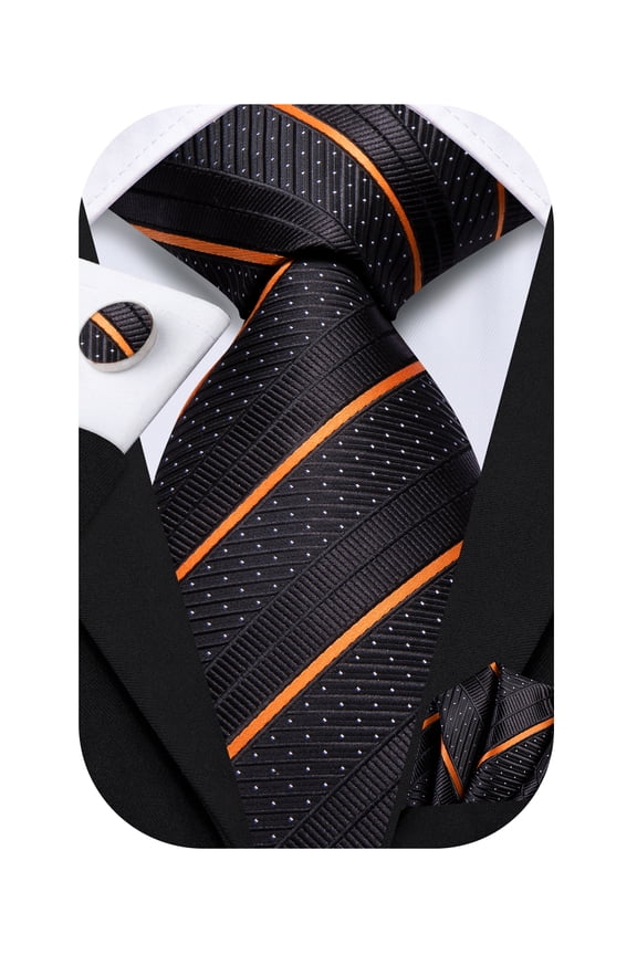 Mens Black Orange Ties Sets Silk Stripe Formal Necktie Pocket Square Cufflinks 3Pcs Set for Business Wedding