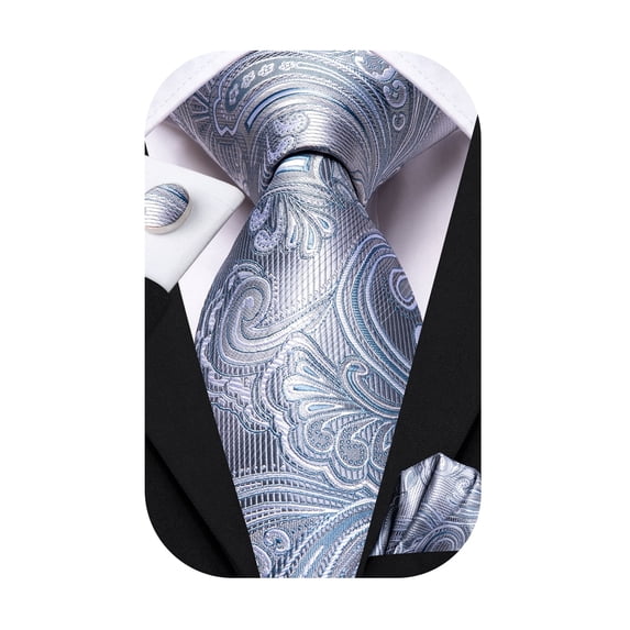Hi-Tie Grey Blue Paisley Ties for Men Silk Business Necktie Pocket Square Cufflinks Set Foral Tie Sets Wedding Party