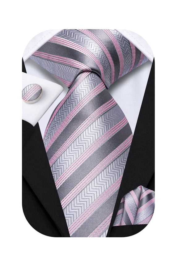 Grey Pink Ties for Men Silk Striped Elegant Business Necktie with Pocket Square Cuff-links Sets for Wedding Party