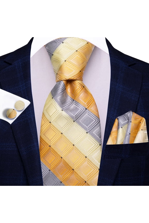 Yellow Plaid Neck Tie and Pocket Square Set for Tuxedo Mens Silk Checkered Formal Necktie Handkerchief Cufflink Set