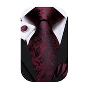 Hi-Tie Mens Burgundy Floral Ties and Pocket Square Set Silk Necktie Handkerchief Cufflinks Set for Business Wedding Party