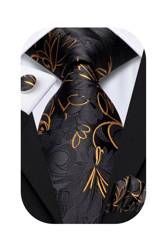 Mens Black Gold Tie and Handkerchief Set Silk Floral Necktie Pocket Square Cuff-links Sets Wedding Business Holiday