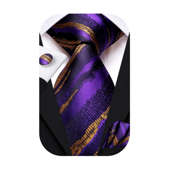 Hi-Tie Silk Mardi Gras Ties for Men Purple Gold Striped Necktie Pocket Square Cufflinks Set for Formal Business Prom
