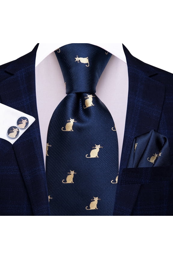 Mens Navy Blue Cat Pattern Silk Tie and Pocket Square Cufflinks Set for Wedding Business Holiday