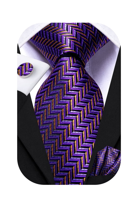 Men Purple Gold Ties Sets Silk Madri Gras Necktie and Pocket Square Cufflinks 3Pcs Set for Business Wedding
