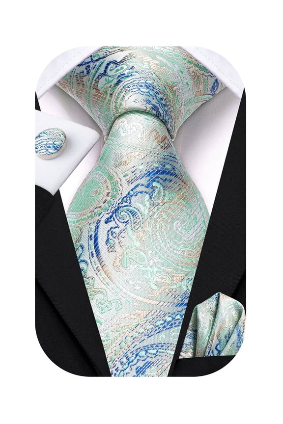 Mint Green Paisley Silk Paisley Ties for Men Necktie Pocket Square Cufflinks Set Foral Tie Sets Formal Business