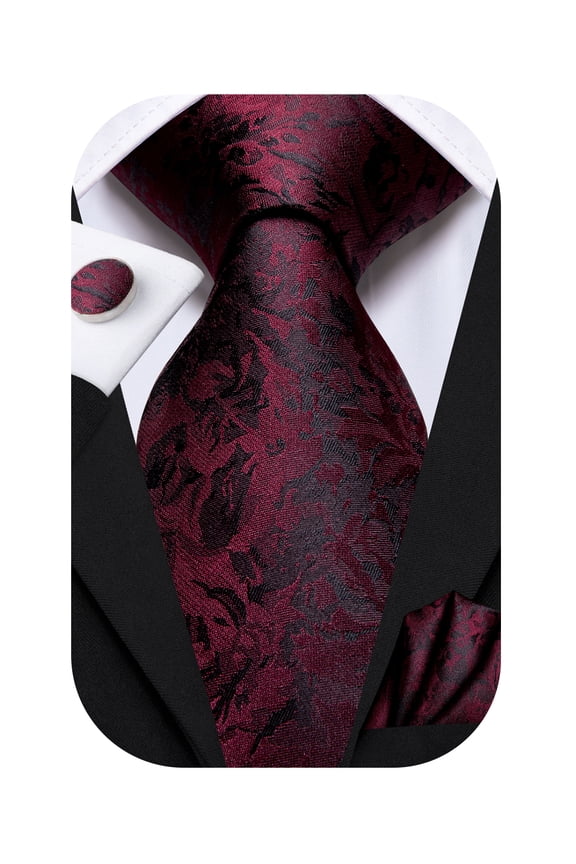 Mens Burgundy Floral Ties and Pocket Square Set Silk Necktie Handkerchief Cufflinks Set for Business Wedding Party