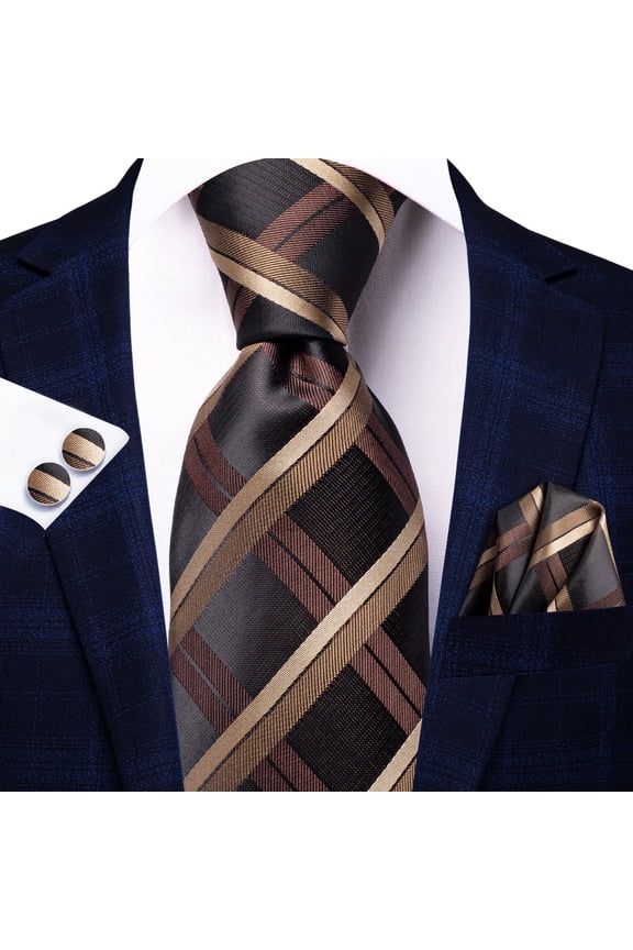 Men Brown Pliad Ties and Pocket Square Sets Silk Business Checkered Necktie with Handkerchief Cufflinks Formal Wedding