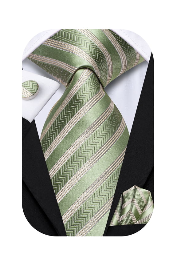 Silk Sage Green Ties for Men Formal Striped Spring Necktie Pocket Square Cufflinks Set Business Wedding