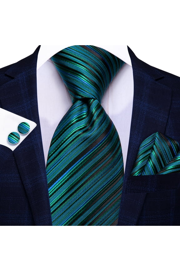Mens Teal Green Ties Sets Silk Stripe Solid Formal Necktie with Pocket Square Cufflinks 3Pcs Set for Business Wedding