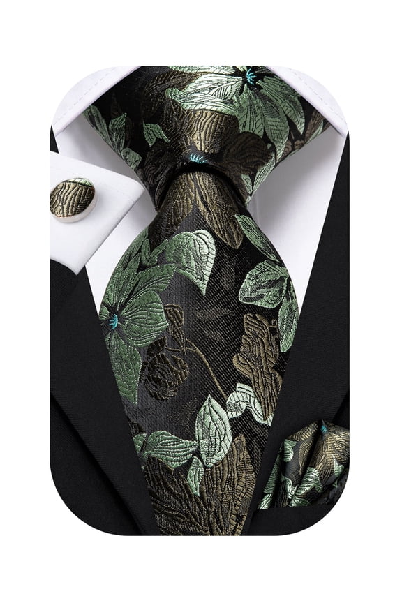 Silk Green Floral Ties for Men Jacquard Formal Necktie with Pocket Square Cufflinks Set Business Wedding Party