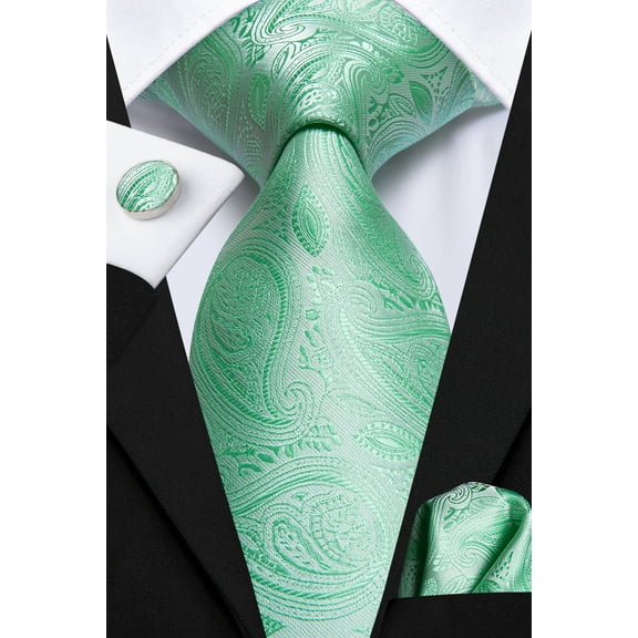Hi-Tie Mint Green Paisley Silk Necktie and Pocket Square Cufflinks Set