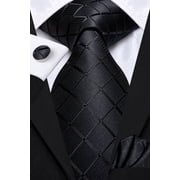Hi-Tie Solid Black Plaid Silk Necktie Mens Tie with Hanky Cufflinks Set
