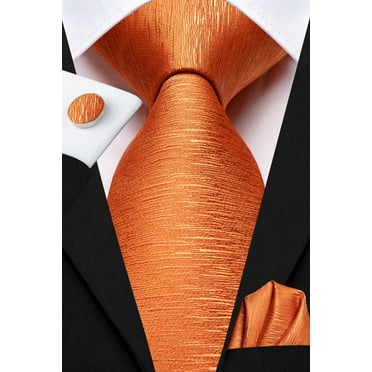 Hi-Tie Solid Orange Ties for Men Wedding Business Silk Necktie with Pocket Square and Cufflinks Set
