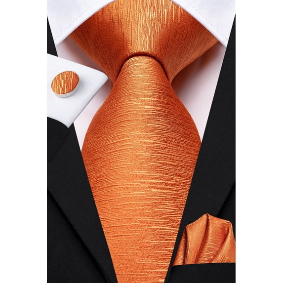 Hi-Tie Solid Orange Ties for Men Wedding Business Silk Necktie with Pocket Square and Cufflinks Set