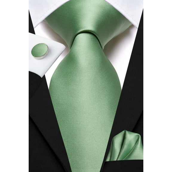 Hi-Tie Solid Sage Green Mens Necktie Silk Tie with Pocket Square Cufflinks Set for Formal Business Party Prom Male