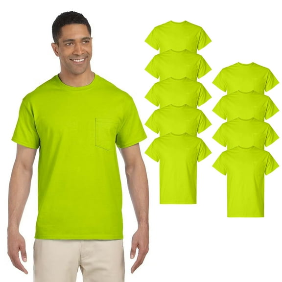 Hi Vis Green 9 Pack Pocket T-Shirt Bulk, Gildan Comfortable Short Sleeve Work Safety Shirt, Size-3XL